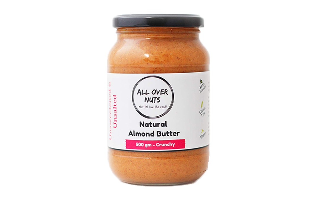 All Over Nuts Natural Almond Butter Crunchy   Glass Jar  500 grams